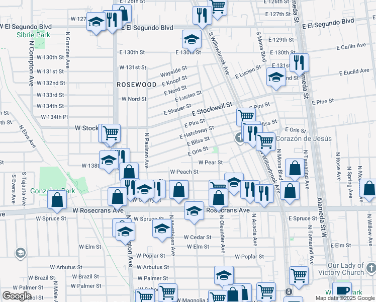 map of restaurants, bars, coffee shops, grocery stores, and more near 13711 South Aranbe Avenue in Compton