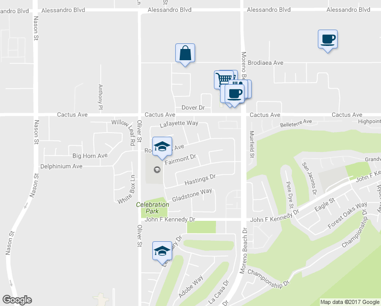 map of restaurants, bars, coffee shops, grocery stores, and more near 27758 Fairmont Drive in Moreno Valley