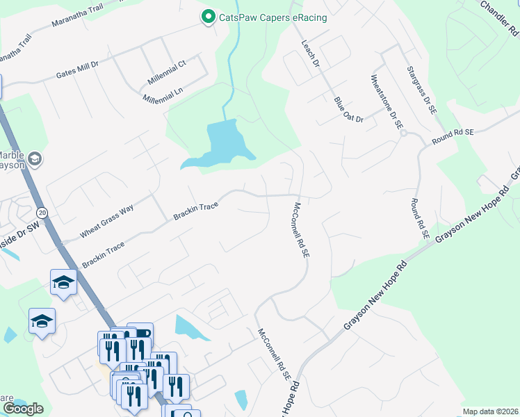 map of restaurants, bars, coffee shops, grocery stores, and more near 113 Sweet Branch Court in Grayson