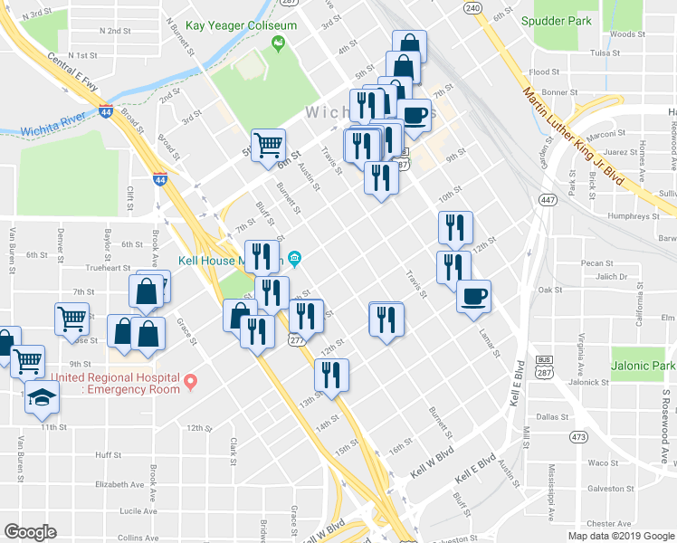 map of restaurants, bars, coffee shops, grocery stores, and more near 1200 10th Street in Wichita Falls