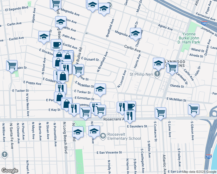 map of restaurants, bars, coffee shops, grocery stores, and more near 1913 East McMillan Street in Compton