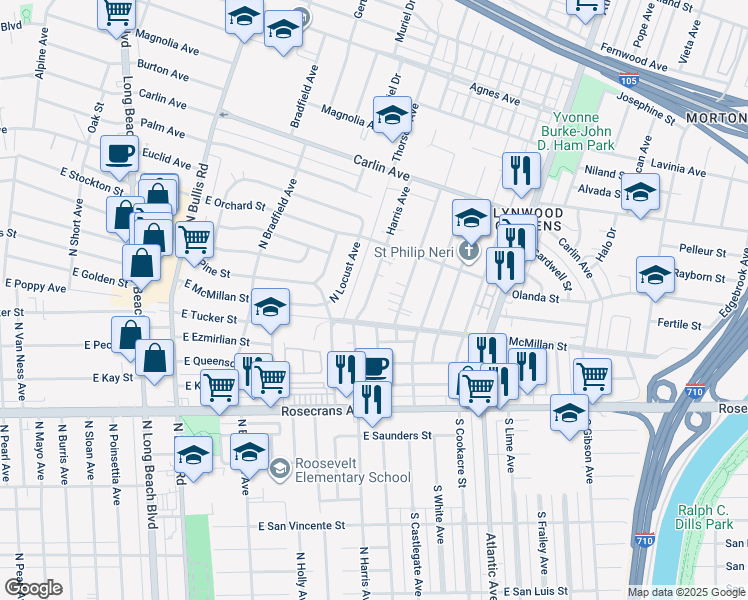 map of restaurants, bars, coffee shops, grocery stores, and more near 12726 Harris Avenue in Lynwood