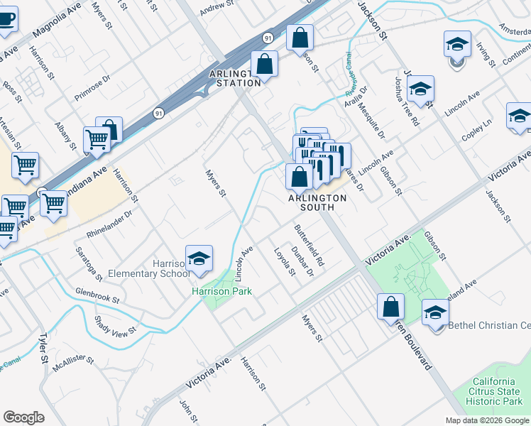 map of restaurants, bars, coffee shops, grocery stores, and more near 2962 Westchester Drive in Riverside