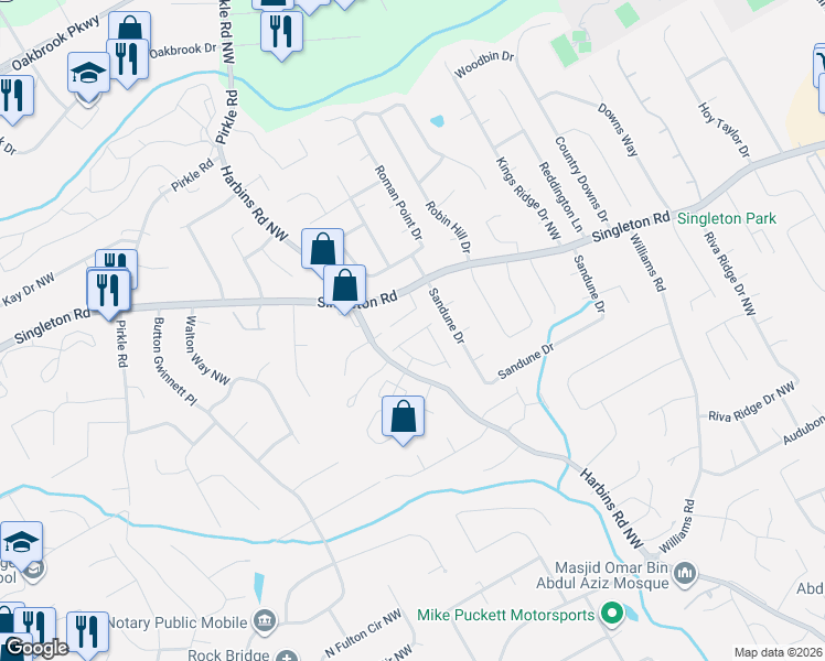 map of restaurants, bars, coffee shops, grocery stores, and more near 956 6 Oaks Circle in Norcross