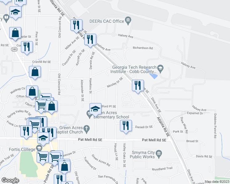 map of restaurants, bars, coffee shops, grocery stores, and more near 1860 Harold Avenue Southeast in Smyrna