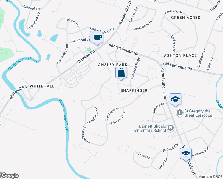 map of restaurants, bars, coffee shops, grocery stores, and more near 166 Sorenson Way in Athens