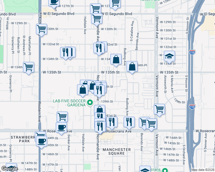 map of restaurants, bars, coffee shops, grocery stores, and more near 13628 Mariposa Avenue in Gardena