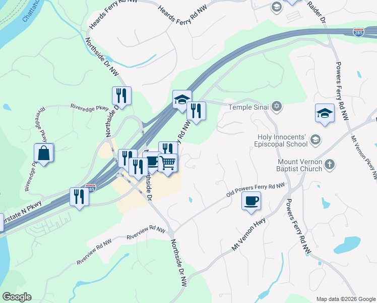 map of restaurants, bars, coffee shops, grocery stores, and more near 109 Brickstone Drive in Atlanta
