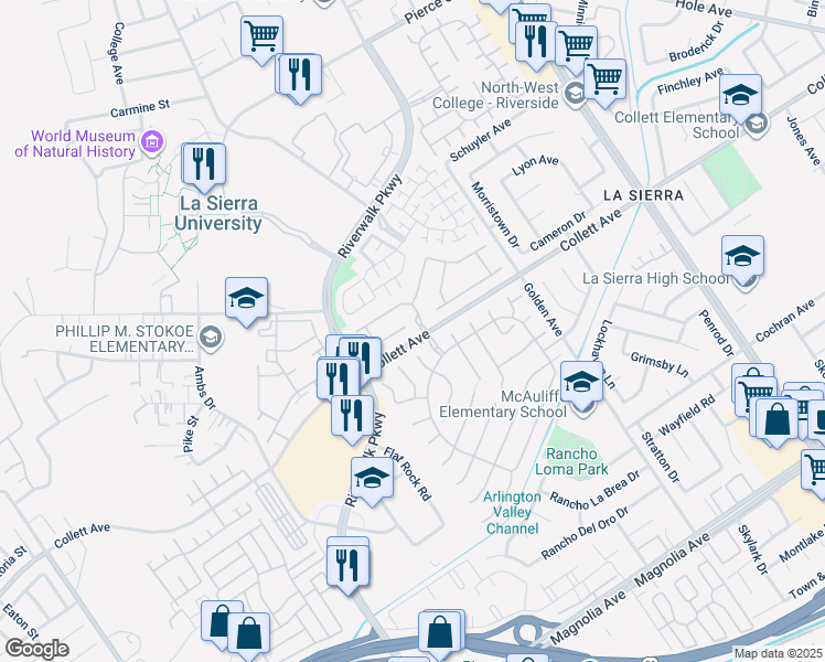 map of restaurants, bars, coffee shops, grocery stores, and more near 11512 Streampoint Court in Riverside