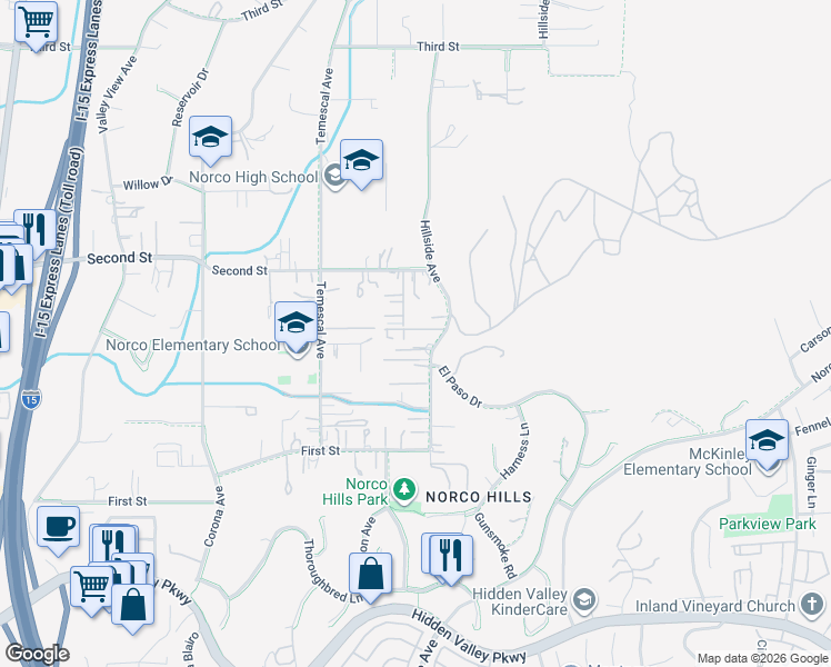 map of restaurants, bars, coffee shops, grocery stores, and more near 1756 Daugherty Road in Norco