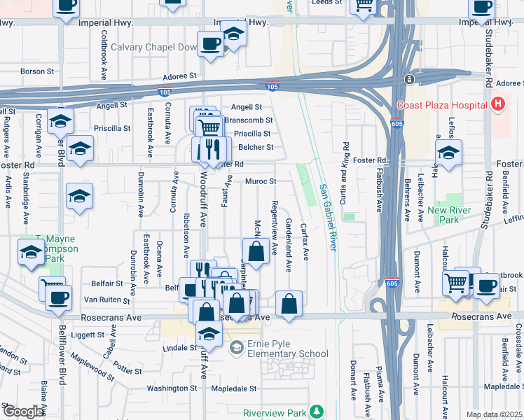 map of restaurants, bars, coffee shops, grocery stores, and more near 13702 McNab Avenue in Bellflower