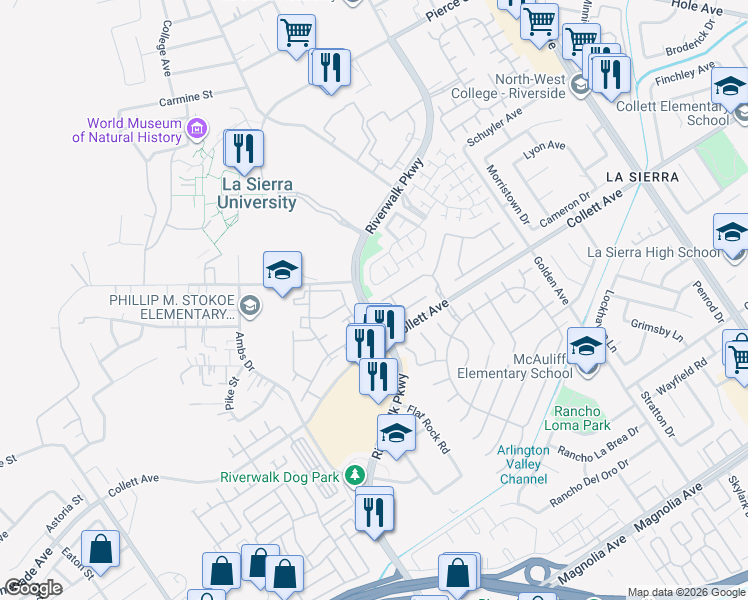 map of restaurants, bars, coffee shops, grocery stores, and more near 11587 Trailway Drive in Riverside