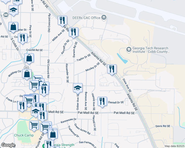 map of restaurants, bars, coffee shops, grocery stores, and more near 1860 Harold Avenue Southeast in Smyrna