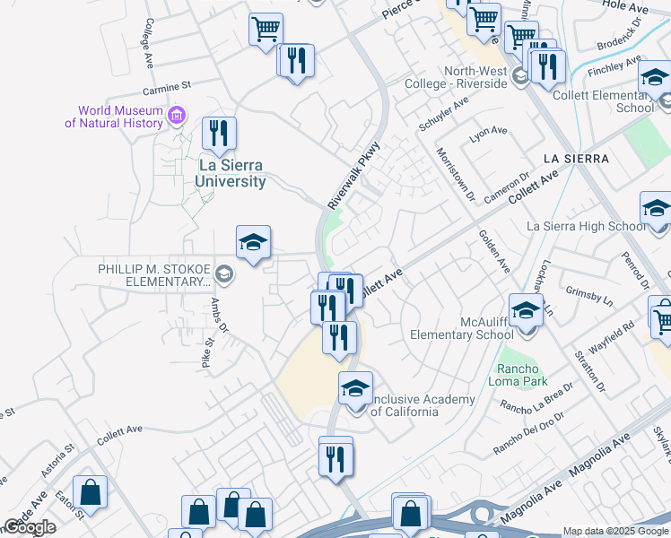 map of restaurants, bars, coffee shops, grocery stores, and more near 11587 Trailway Drive in Riverside