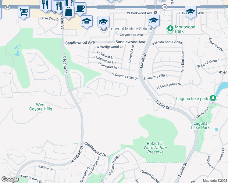 map of restaurants, bars, coffee shops, grocery stores, and more near 3000 South Sawgrass Court in La Habra