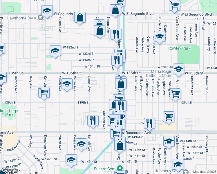 map of restaurants, bars, coffee shops, grocery stores, and more near 13622 Chadron Avenue in Hawthorne