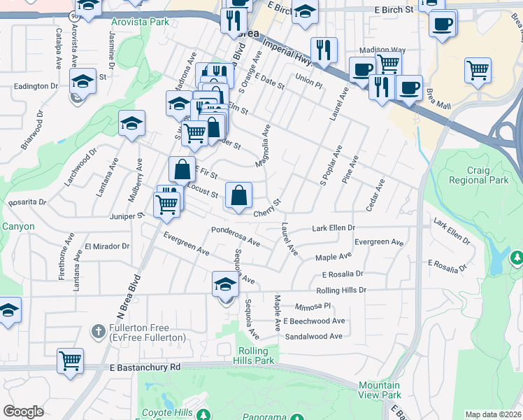 map of restaurants, bars, coffee shops, grocery stores, and more near 407 Cherry Street in Brea