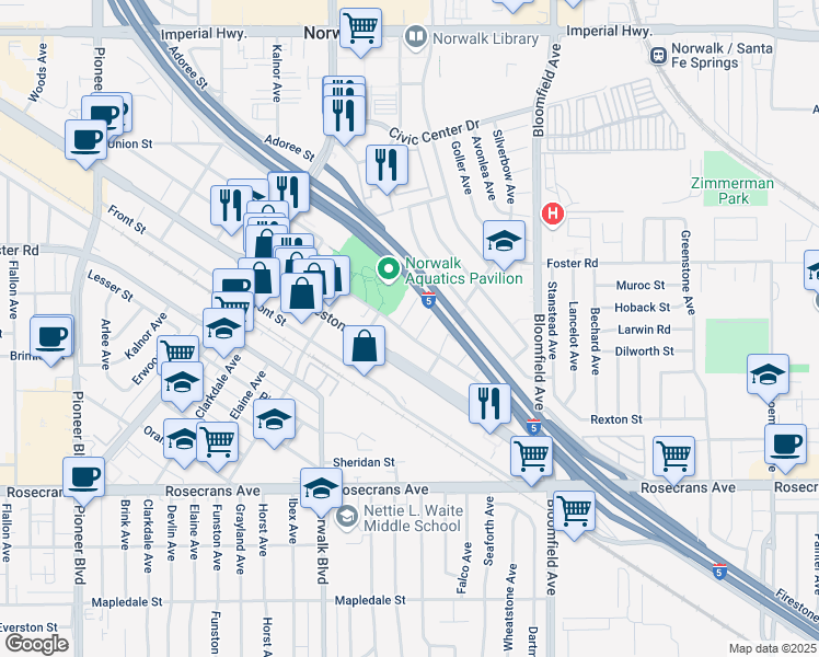 map of restaurants, bars, coffee shops, grocery stores, and more near 12337 Sproul Street in Norwalk