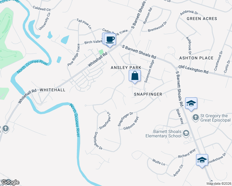 map of restaurants, bars, coffee shops, grocery stores, and more near 315 Ansley Drive in Athens