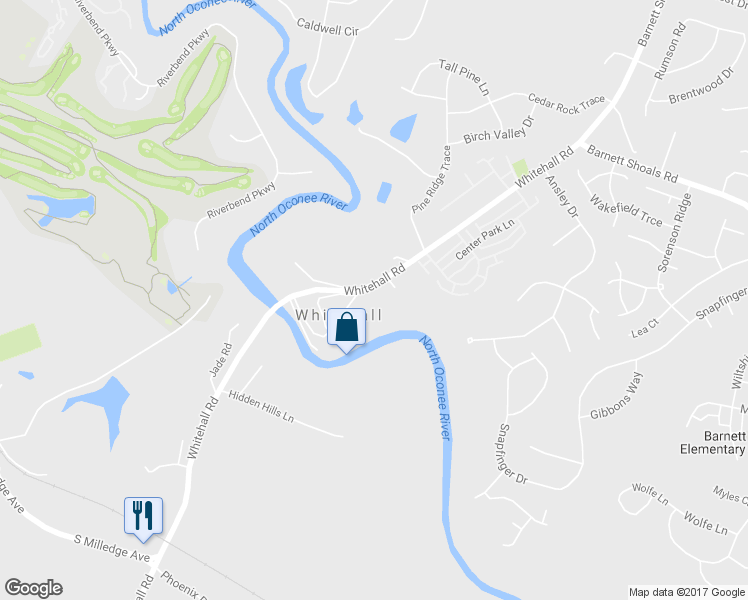 map of restaurants, bars, coffee shops, grocery stores, and more near 489 Whitehall Road in Athens