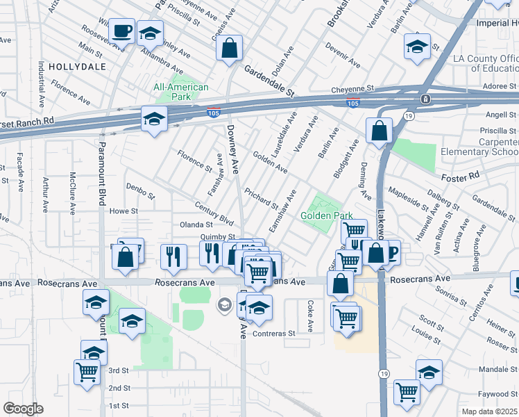 map of restaurants, bars, coffee shops, grocery stores, and more near 13614 Dempster Avenue in Downey
