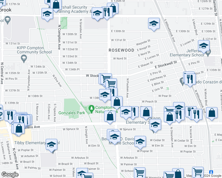 map of restaurants, bars, coffee shops, grocery stores, and more near 1604 North Wilmington Avenue in Compton