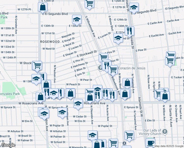 map of restaurants, bars, coffee shops, grocery stores, and more near 357 W Fig St in Compton