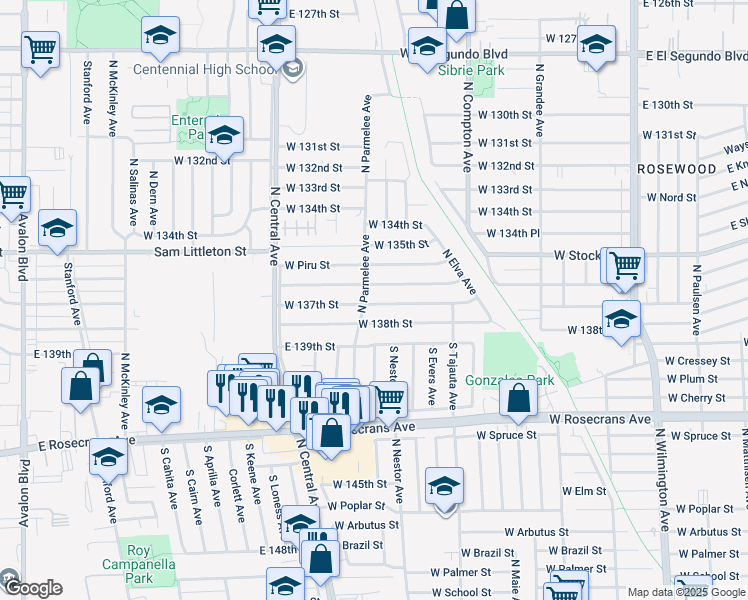 map of restaurants, bars, coffee shops, grocery stores, and more near 1513 West 137th Street in Compton