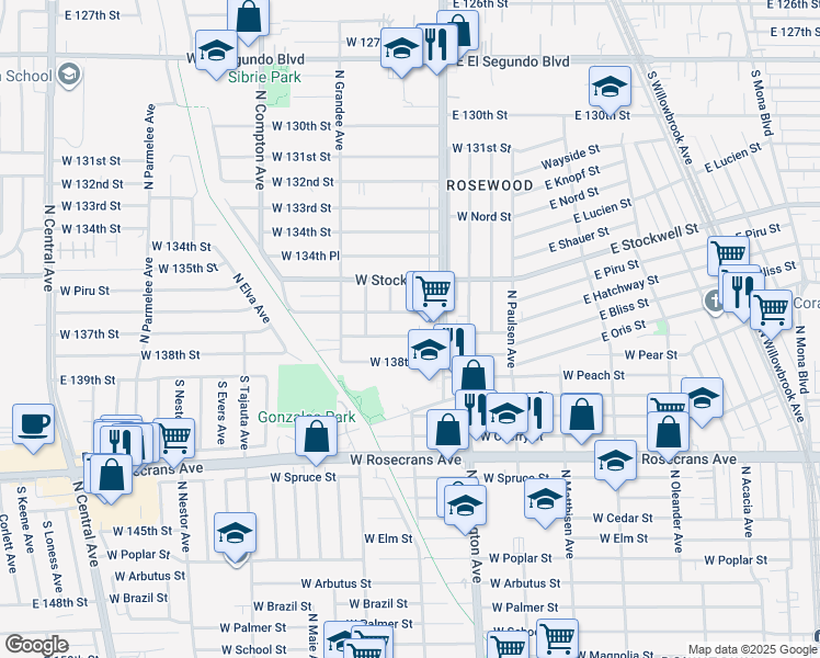 map of restaurants, bars, coffee shops, grocery stores, and more near 825 West 137th Street in Compton