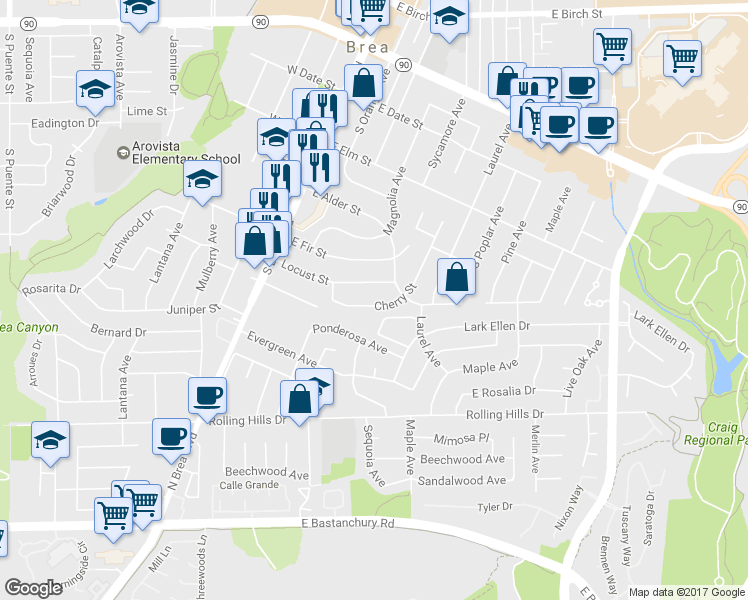 map of restaurants, bars, coffee shops, grocery stores, and more near 407 Cherry Street in Brea