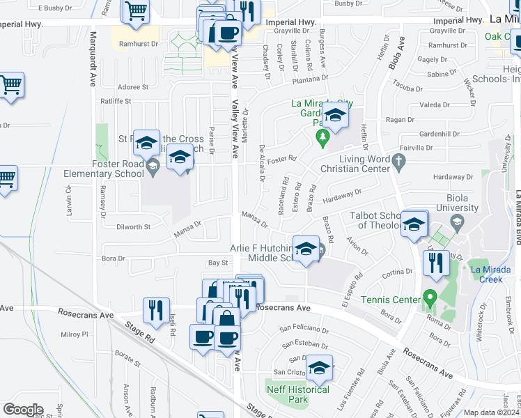 map of restaurants, bars, coffee shops, grocery stores, and more near 13534 De Alcala Drive in La Mirada