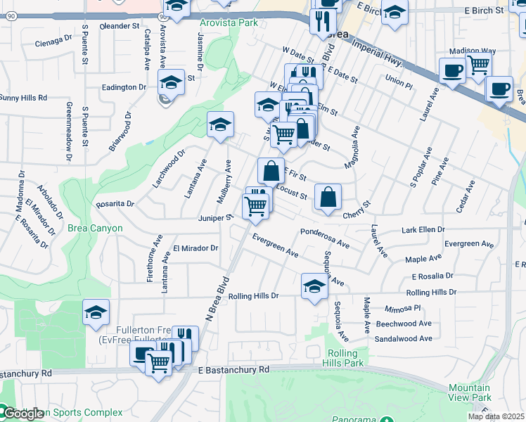 map of restaurants, bars, coffee shops, grocery stores, and more near 800 South Brea Boulevard in Brea