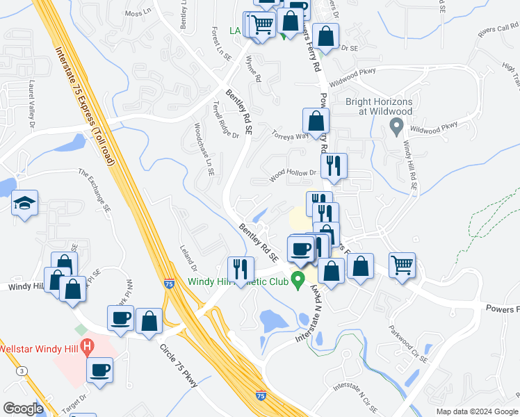 map of restaurants, bars, coffee shops, grocery stores, and more near 1978 Kimberly Village Lane Southeast in Marietta