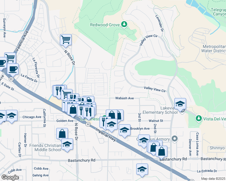 map of restaurants, bars, coffee shops, grocery stores, and more near 3751 Camino Cermenon in Yorba Linda