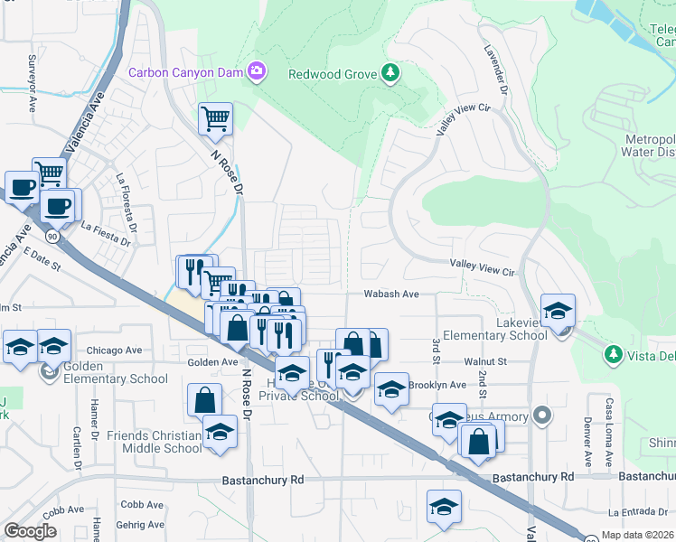 map of restaurants, bars, coffee shops, grocery stores, and more near 3761 Lake Grove Drive in Yorba Linda