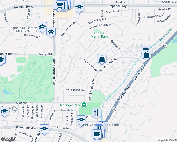 map of restaurants, bars, coffee shops, grocery stores, and more near 13629 Avenida Espana in La Mirada