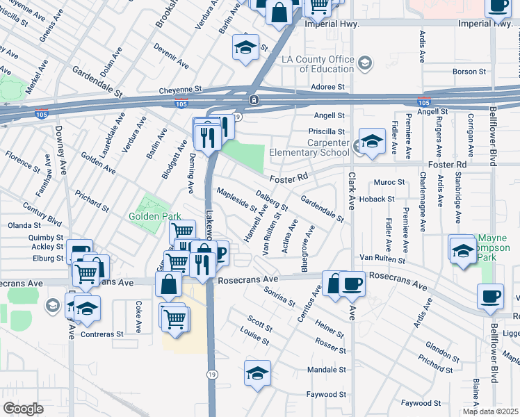 map of restaurants, bars, coffee shops, grocery stores, and more near 9149 Mapleside Street in Bellflower