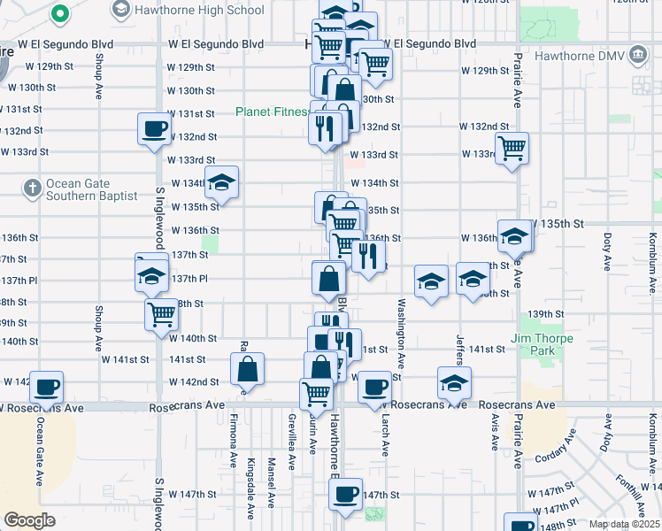 map of restaurants, bars, coffee shops, grocery stores, and more near 13719 Hawthorne Boulevard in Hawthorne