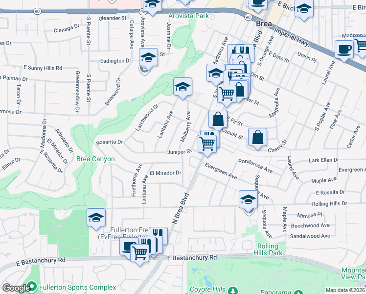 map of restaurants, bars, coffee shops, grocery stores, and more near 838 Mulberry Avenue in Brea