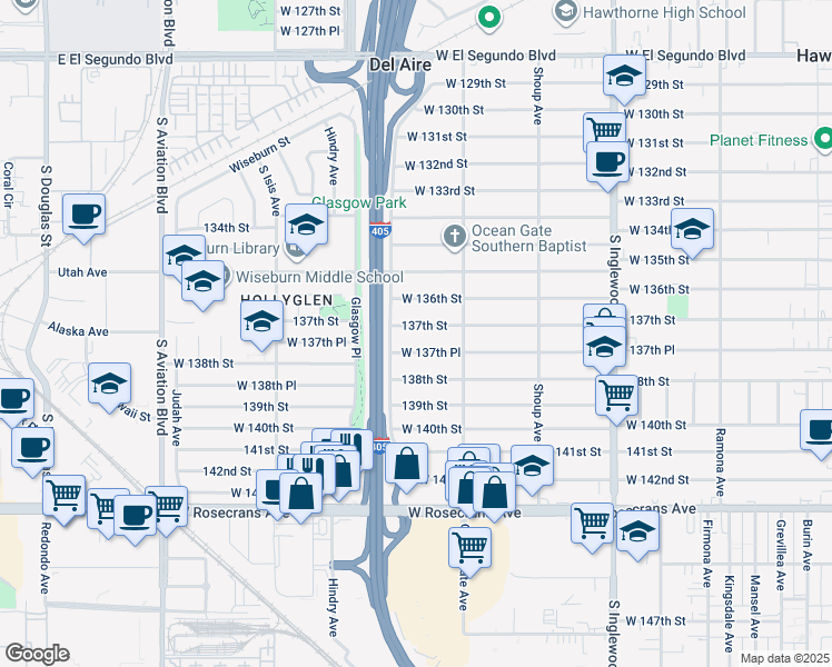 map of restaurants, bars, coffee shops, grocery stores, and more near 5152 137th Street in Hawthorne