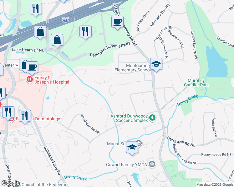 map of restaurants, bars, coffee shops, grocery stores, and more near 3889 Chaucer Wood Northeast in Atlanta