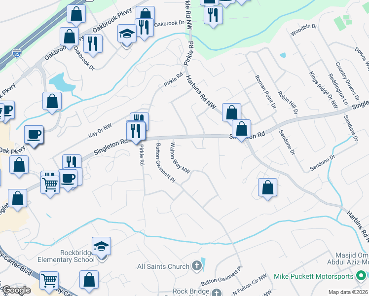 map of restaurants, bars, coffee shops, grocery stores, and more near 5723 Hall Hollow in Norcross