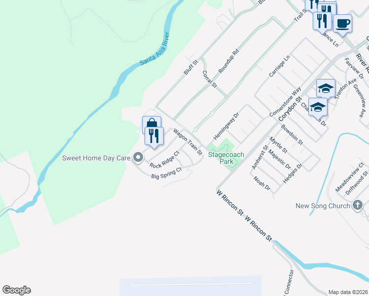 map of restaurants, bars, coffee shops, grocery stores, and more near 2259 Lone Tree Street in Corona