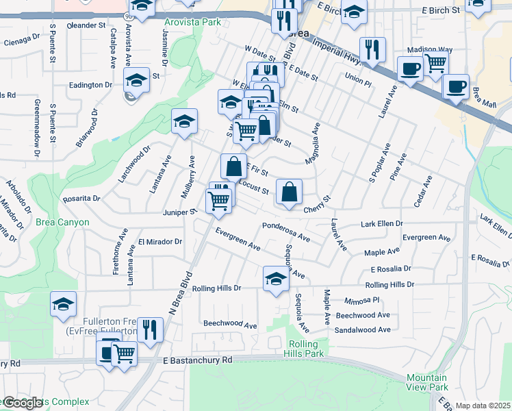 map of restaurants, bars, coffee shops, grocery stores, and more near 211c East Acacia Street in Brea