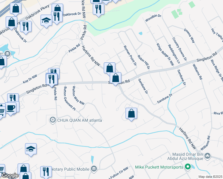 map of restaurants, bars, coffee shops, grocery stores, and more near 5624 Singleton Road in Norcross