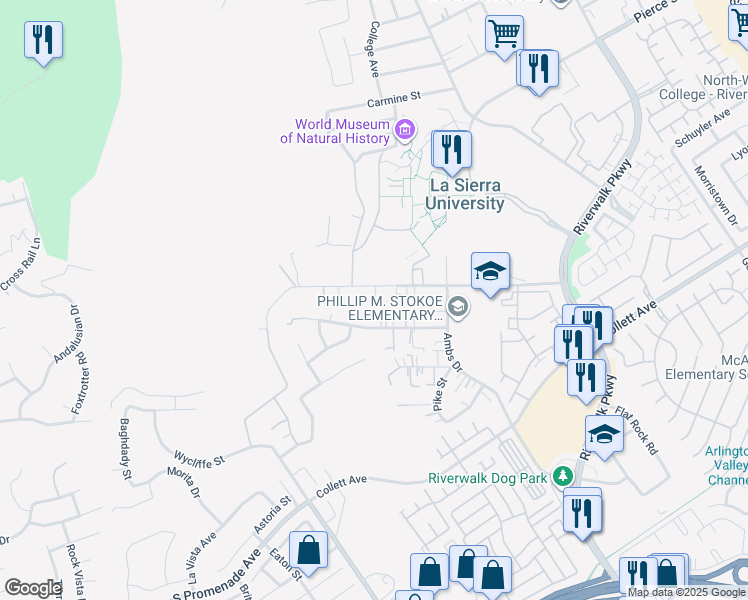 map of restaurants, bars, coffee shops, grocery stores, and more near 12056 Raley Drive in Riverside