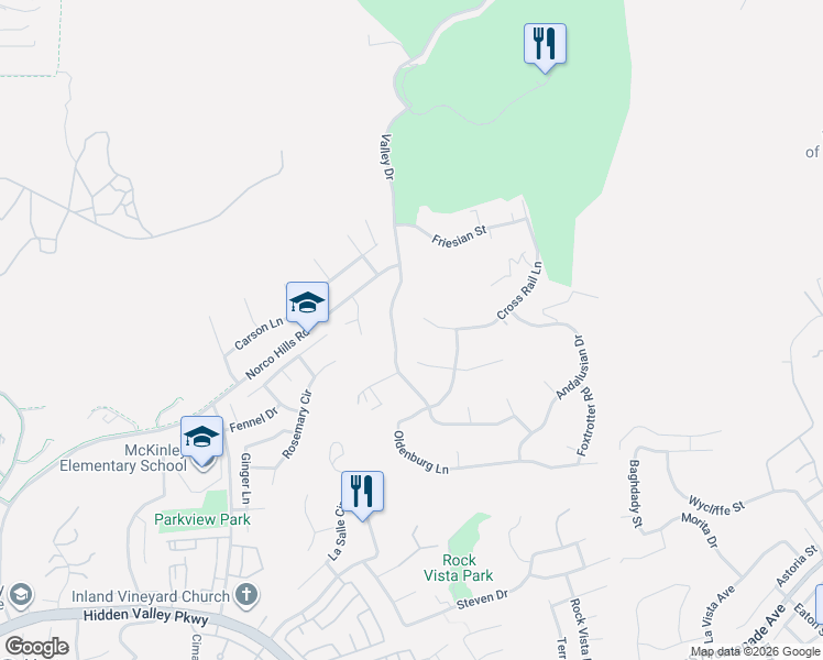 map of restaurants, bars, coffee shops, grocery stores, and more near 290 Cross Rail Lane in Norco