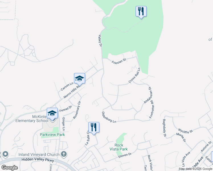 map of restaurants, bars, coffee shops, grocery stores, and more near 1504 Valley Drive in Norco