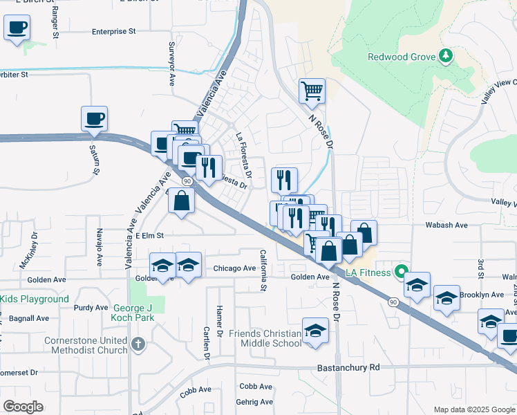 map of restaurants, bars, coffee shops, grocery stores, and more near 460 La Floresta Drive in Brea