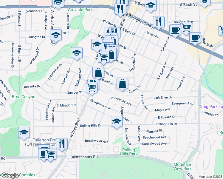 map of restaurants, bars, coffee shops, grocery stores, and more near 211c East Acacia Street in Brea